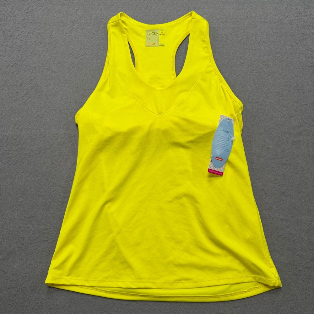 NEW Lucky In Love Tank Top Women's M Yellow Racerback Activewear Tennis Golf
